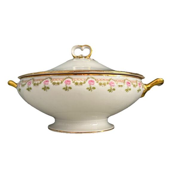 Vintage Wm. Guerin & Co. France Limoges Pink Rose Covered Round Serving Bowl - Picture 2 of 16